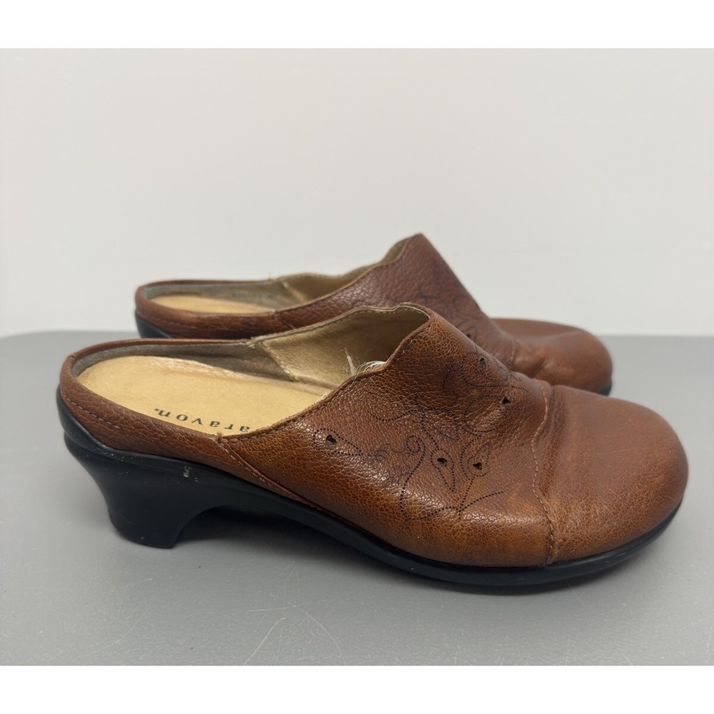Aravon Brown Leather Women's Slip On 2" Heel Clogs size #25